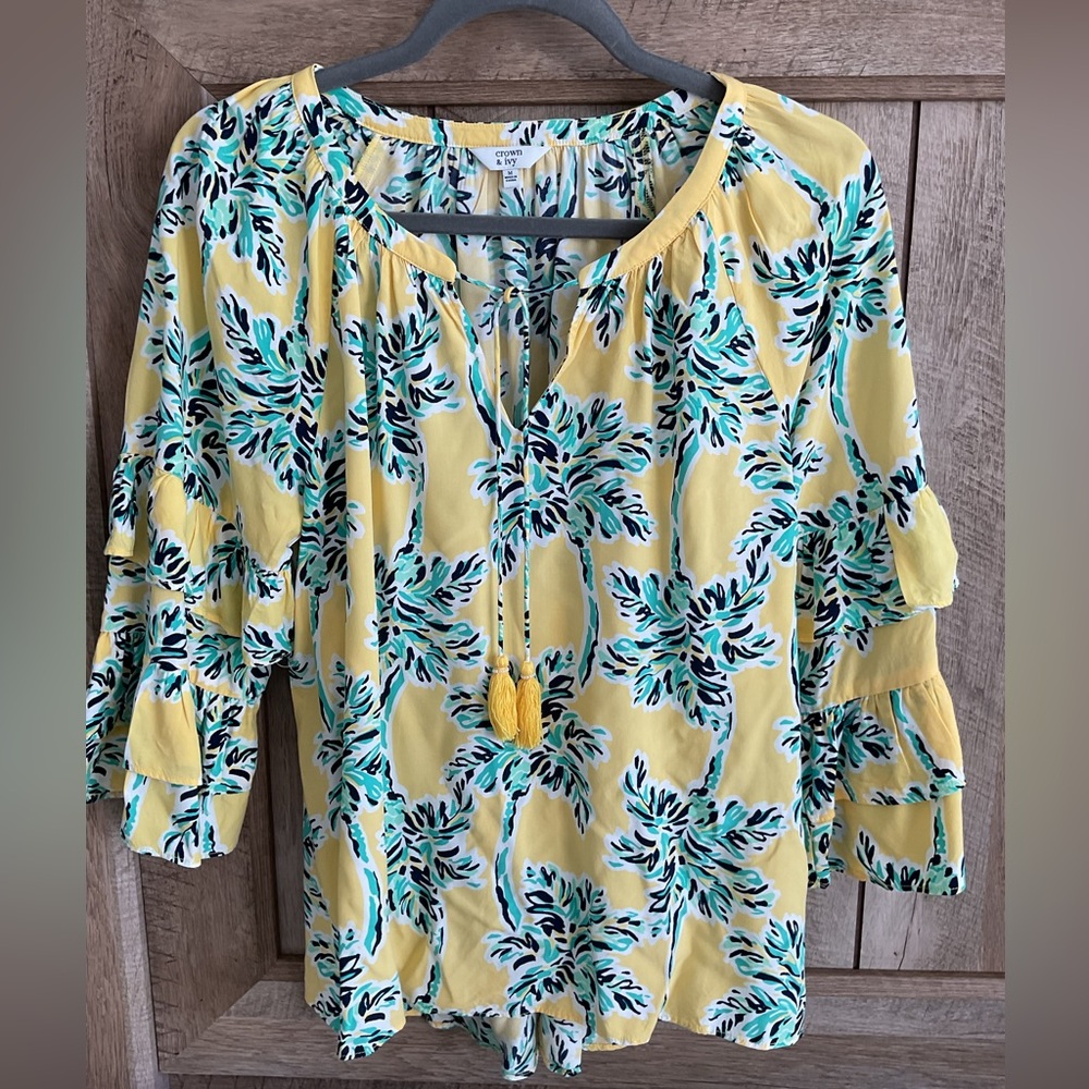 Crown & Ivy Yellow and Blue Floral Blouse